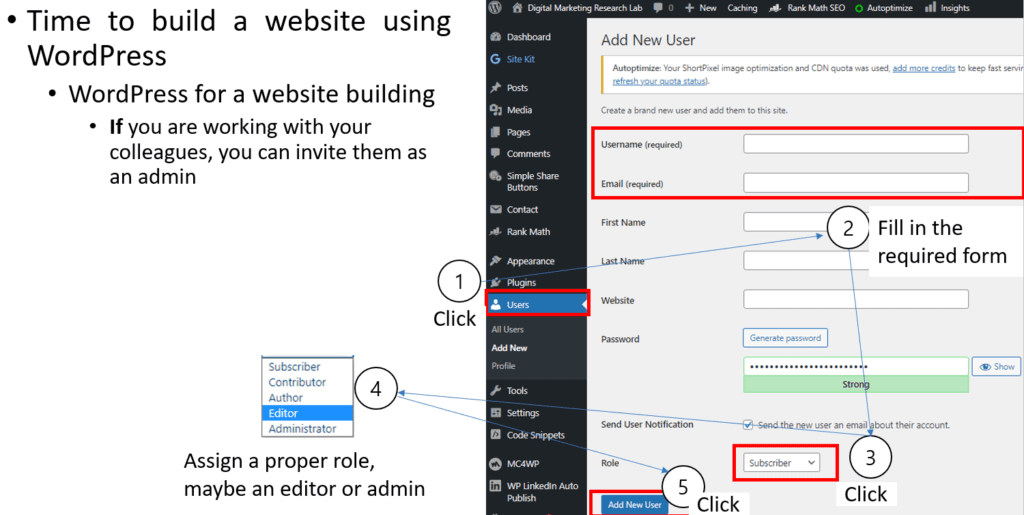 Assigning a proper role: Admin, editor and so on